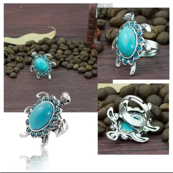 Turquoise and Rhinestone Silver Turtle Ring - Picture 5 of 6